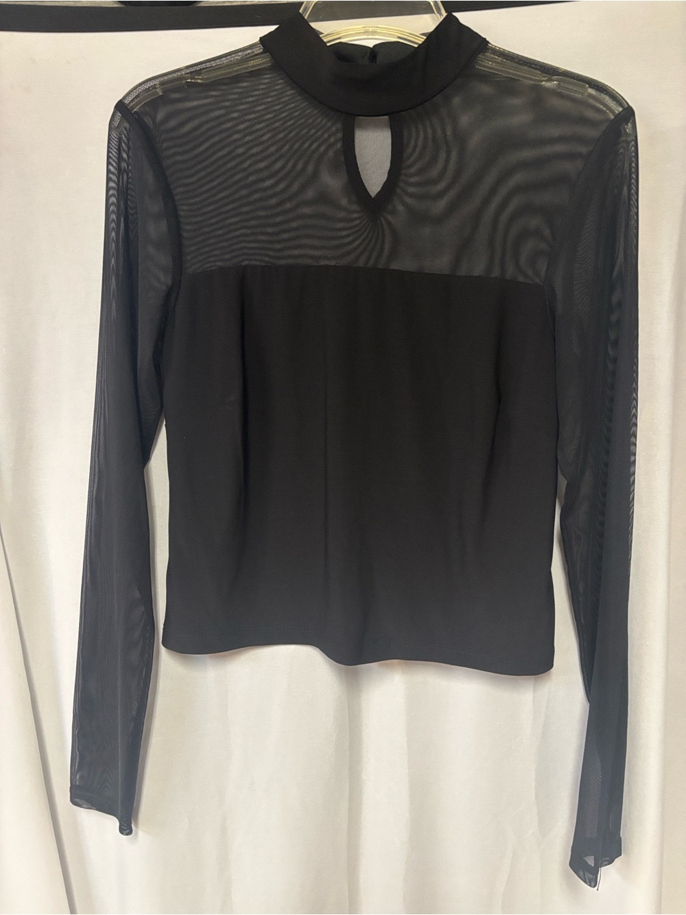 Black Sheer Yoke Long-Sleeve Top with Keyhole Neck